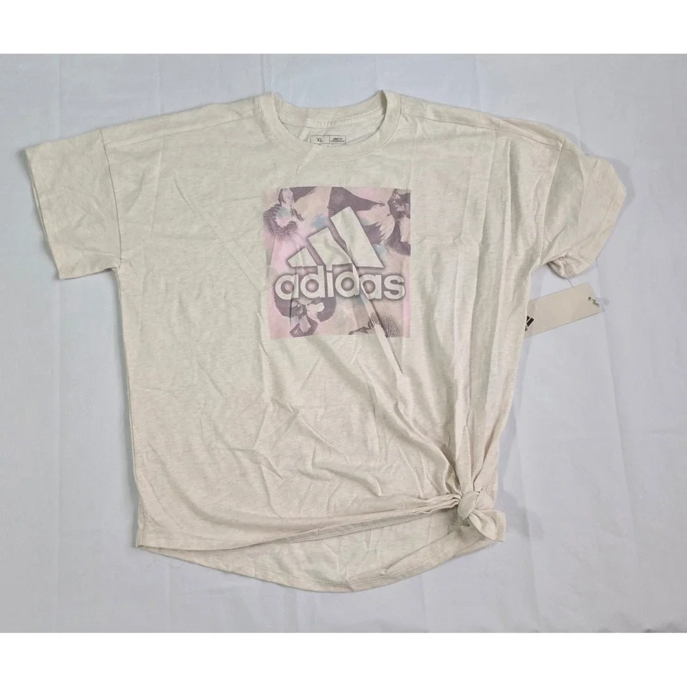 Adidas Girls XL Loose Fit Graphic T-Shirt Tan Heather Side Tie AA3189 NWT